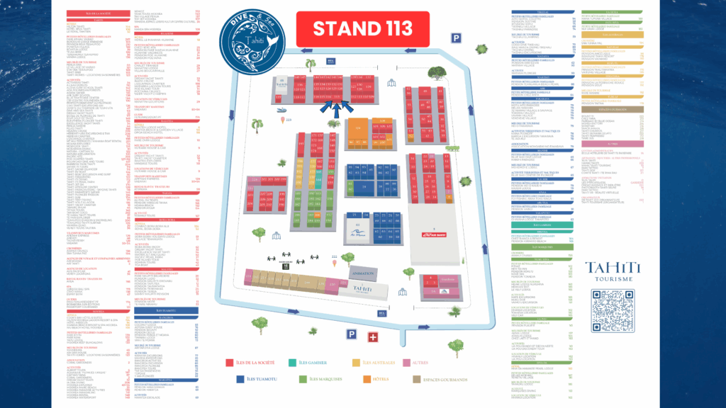 Plan du Salon du Tourisme Tahiti Septembre 2025 – emplacement Dive and Sea Tahiti stand 113